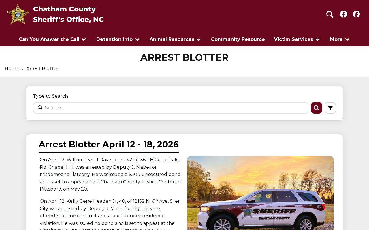 Chatham County weekly arrest blotter criminal record interface