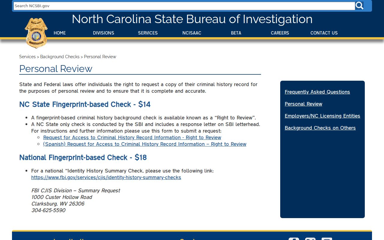 North Carolina SBI personal review for Chatham County criminal history